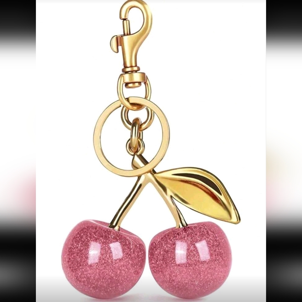 Gold Pink Cherry Keychain Bag Charm - Picture 4 of 10